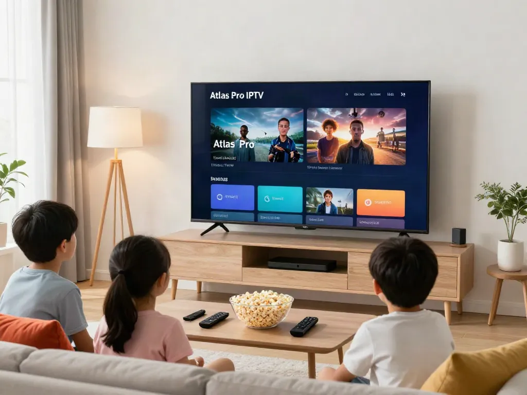 Famille profitant de l'application Atlas Pro IPTV dans leur salon chaleureux.