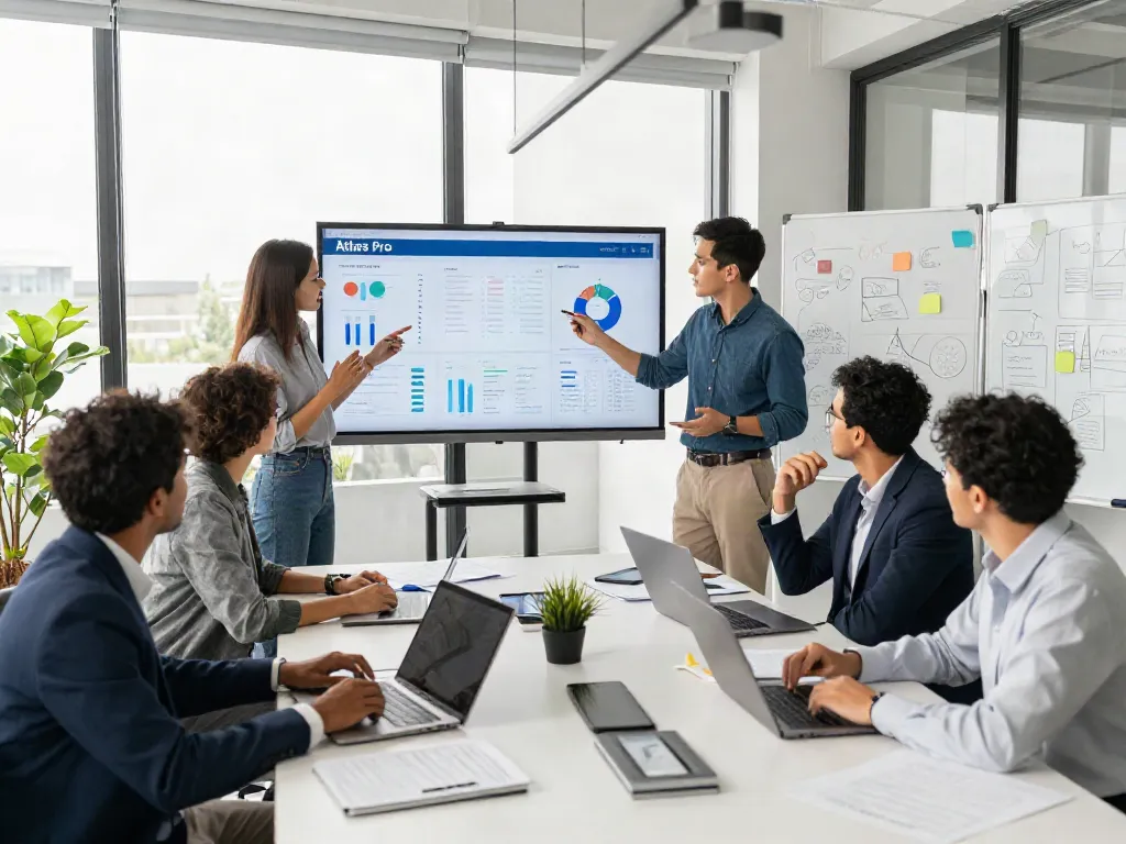 Équipe professionnelle collaborant autour de la table avec des données Atlas Pro affichées sur écran, ambiance dynamique.