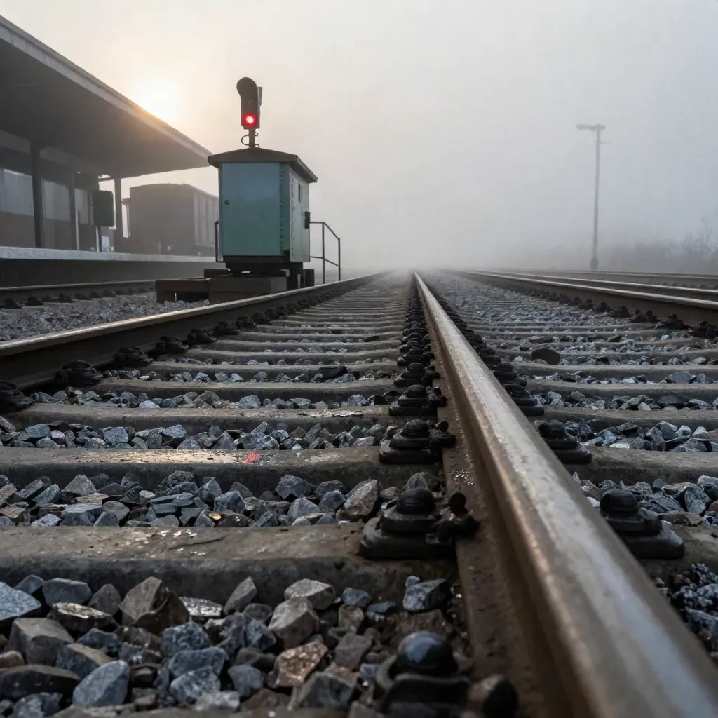 Jonction ferroviaire au petit matin, ballast humide, machine d’aiguillage et lampes rouges dans la brume.
