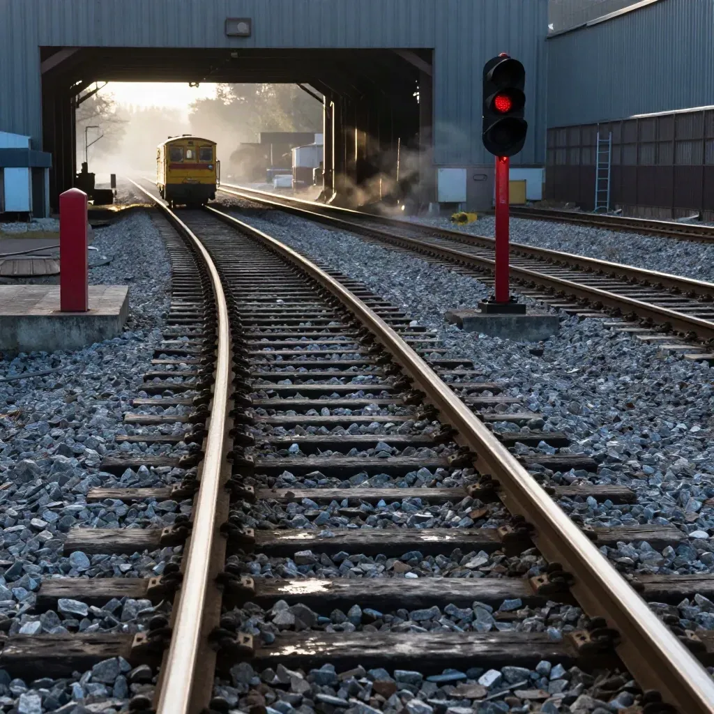 Voie de triage ferroviaire avec aiguillages et petit wagonnet d’inspection au fond dans la brume