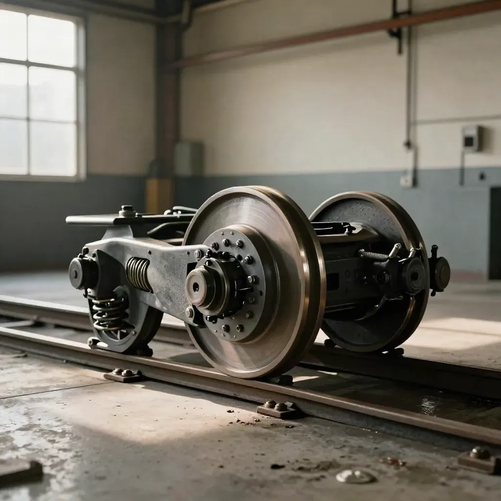 Bogie rénové avec disque de frein, ressorts et essieu calé dans un atelier ferroviaire.
