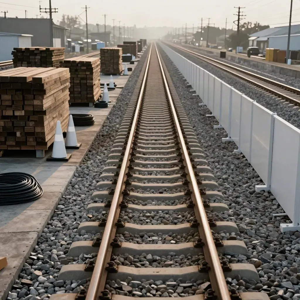 Voie ferrée en maintenance, zone fermée, traverses empilées et cônes blancs dans une lumière cinématographique.