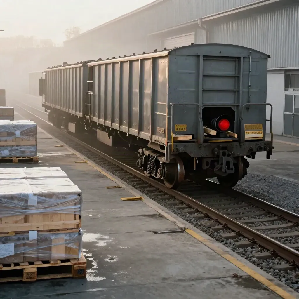 Voie ferrée industrielle à quai, wagon plat chargé et brume du matin.