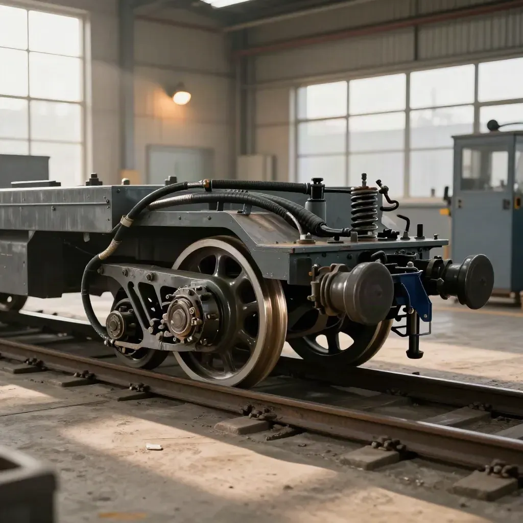 Bogie de train révisé sur berceau, flexibles neufs et roues alignées dans un atelier lumineux.