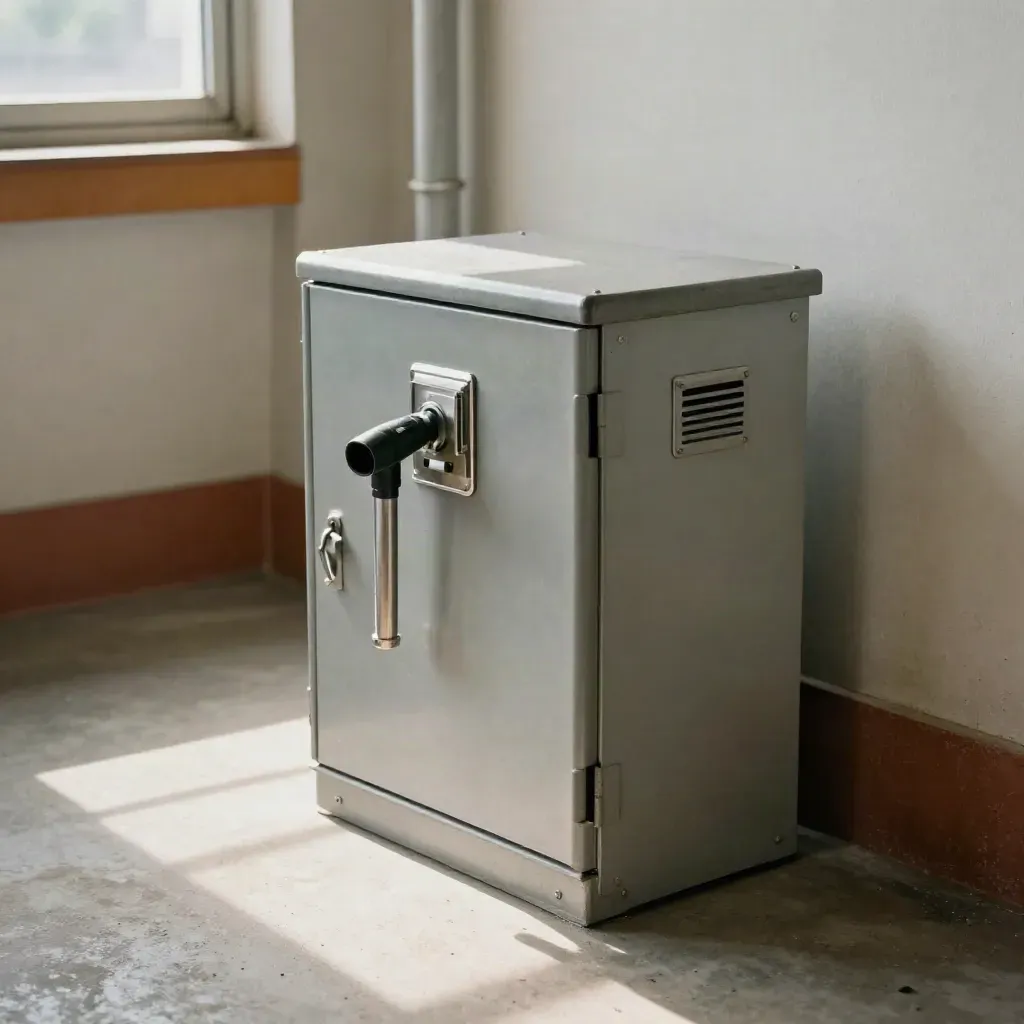 Cabinet de conformité ferroviaire scellé avec torche d’inspection sur dalle propre.