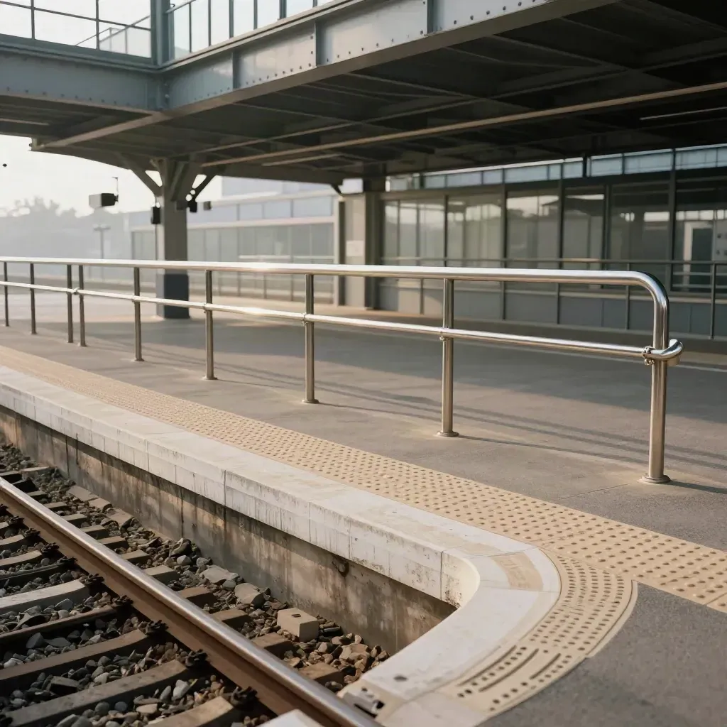 Quai de gare rénové avec bandes podotactiles, rampes neuves et verrière lumineuse.