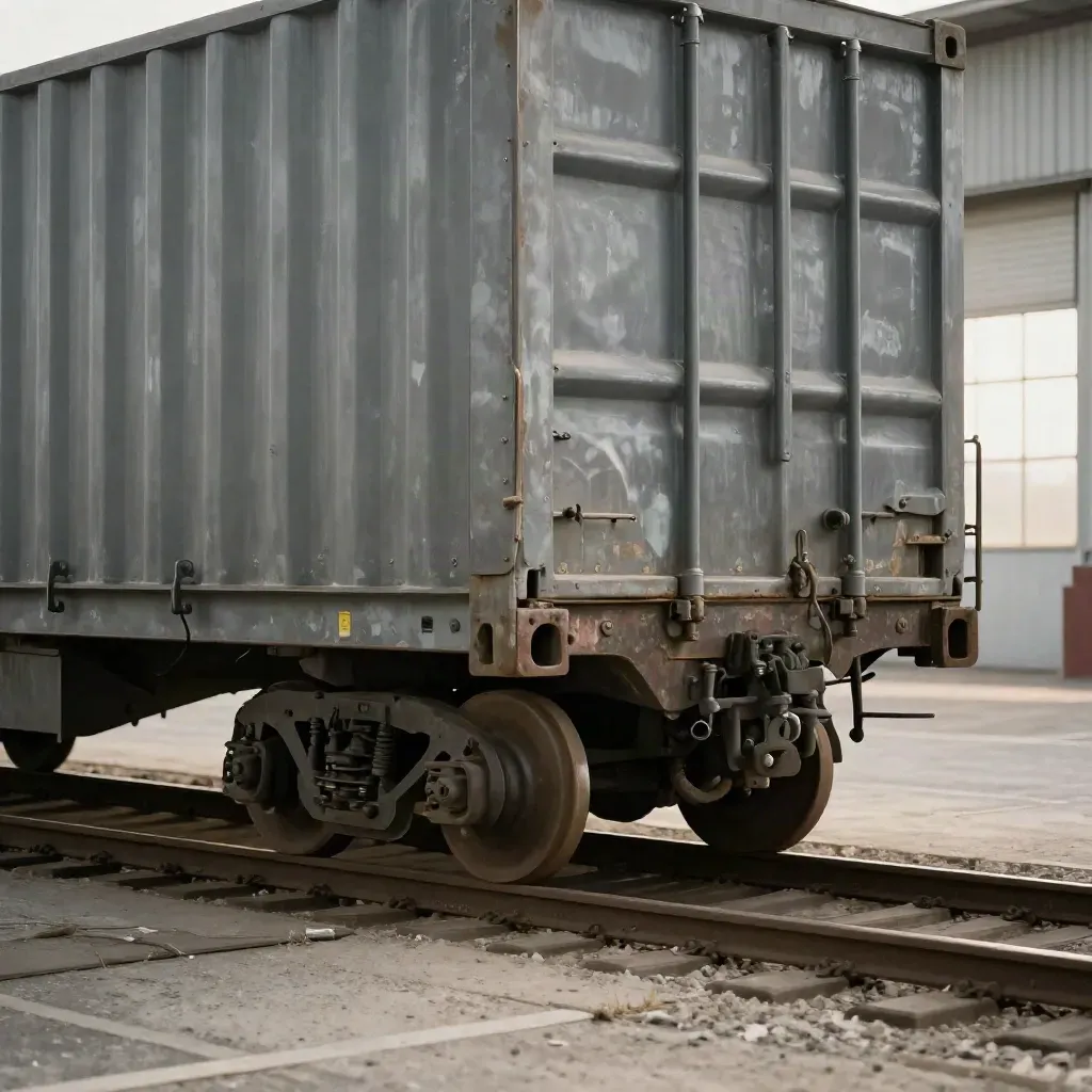 Wagon plat de fret près d’un quai d’usine, avec espace tampon et chaleur vibrante.