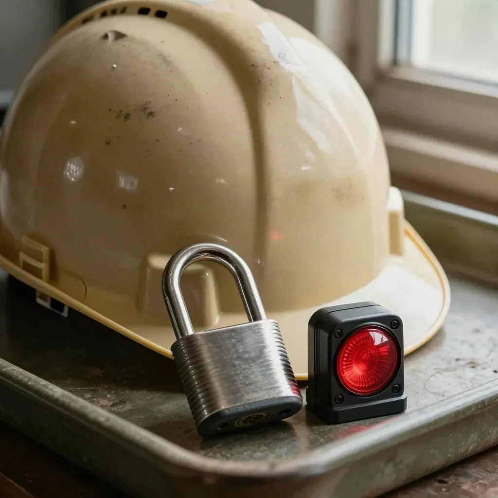 Gros plan sur un casque, un clip réfléchissant, un cadenas isolé et une balise de sécurité.