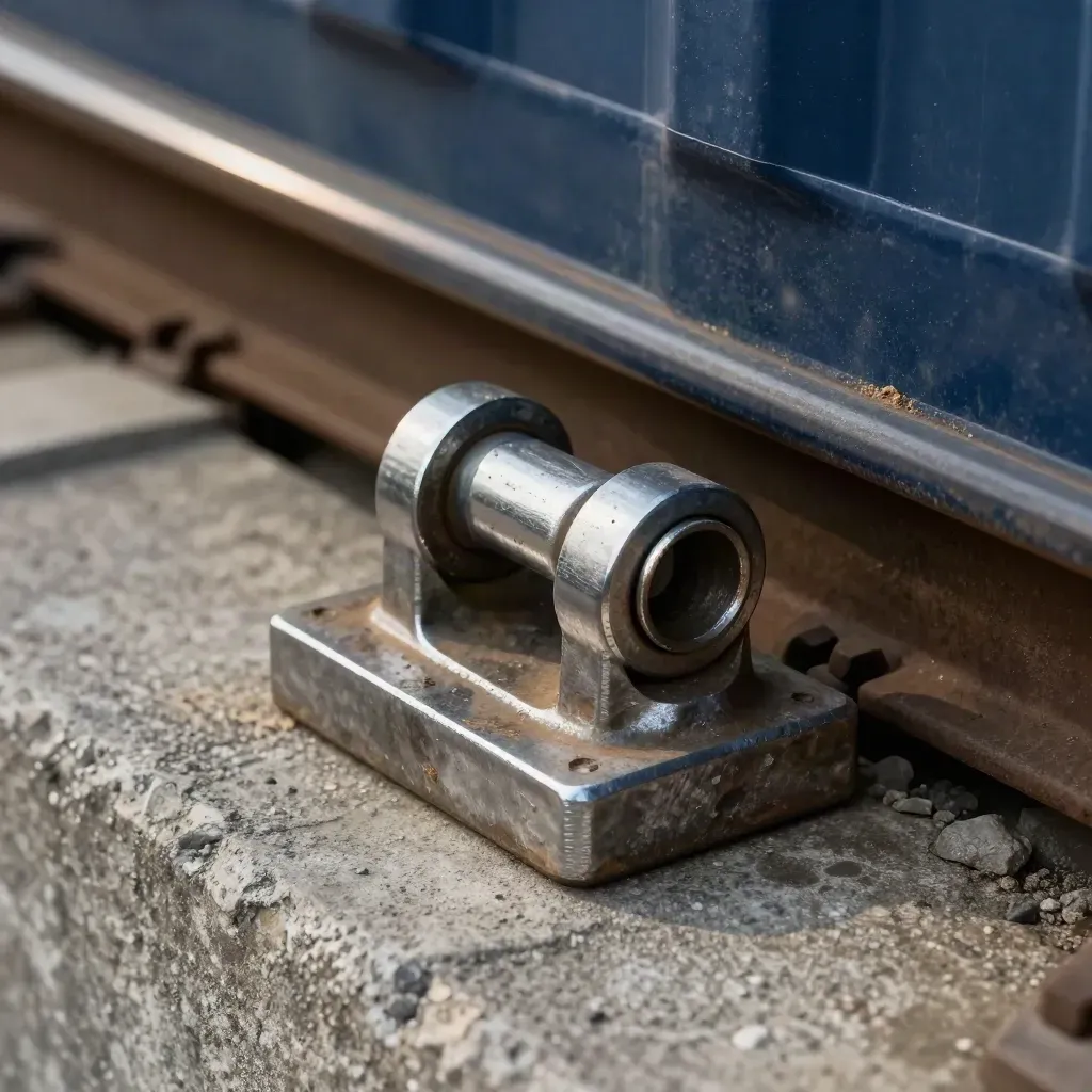 Gros plan de matériel logistique ferroviaire sur béton brut, avec poussière et ombre profonde.