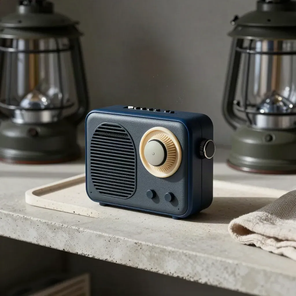 Radio, cône de chantier et lanterne sur un plateau de pierre, lumière douce.