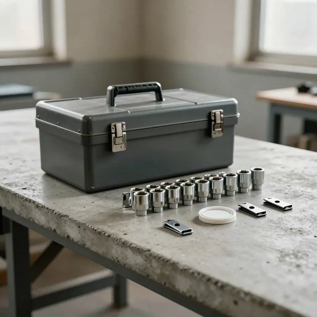 Boîte à outils fermée, douilles, scellé d’inspection et clips de rail sur un banc bétonné.