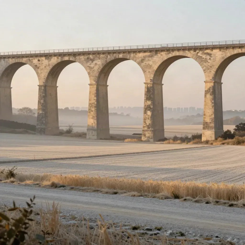Viaduc en pierre au-dessus des plaines d’Île-de-France, skyline de Paris dans la brume dorée.