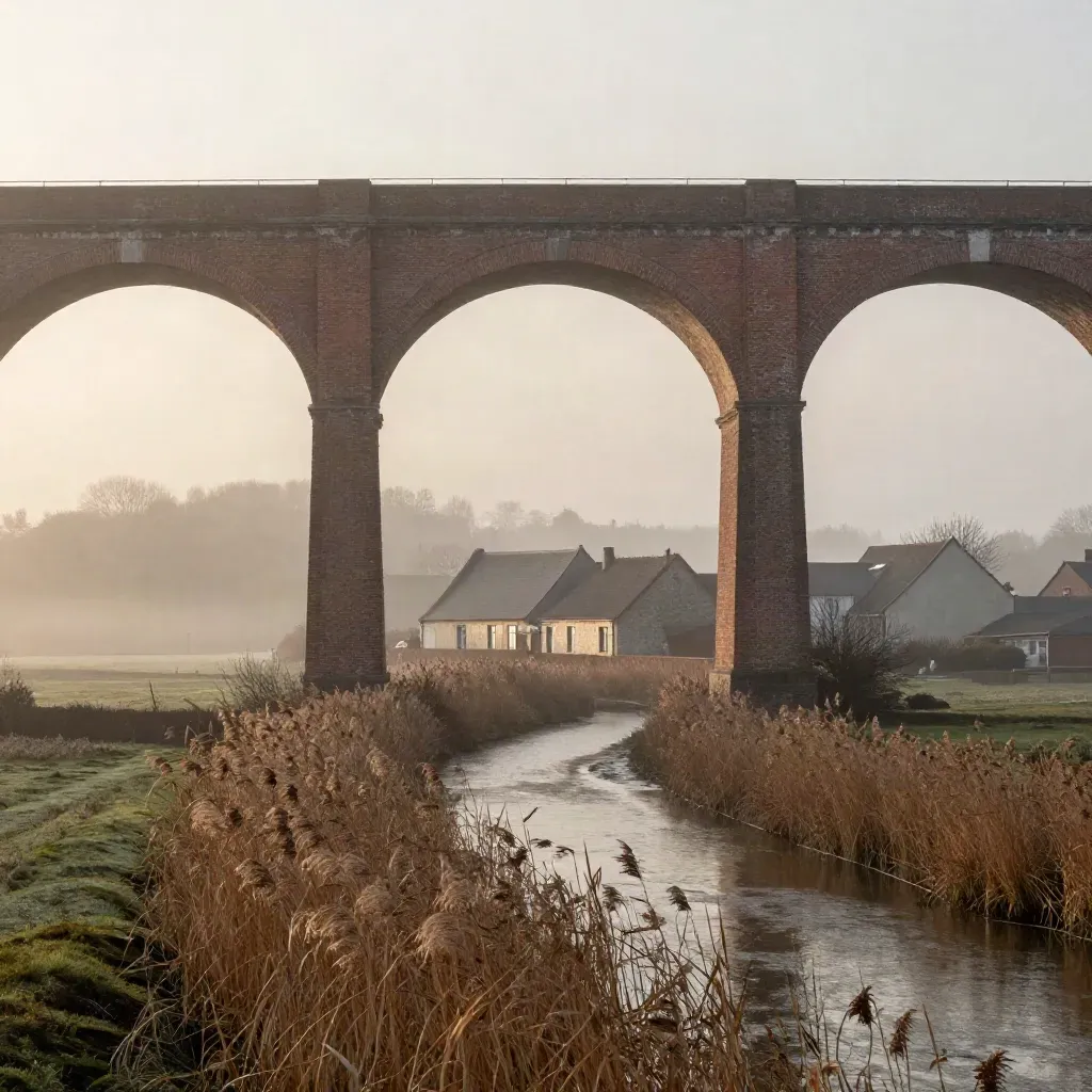 Viaduc en brique, canal brumeux et toits d’une ville des Hauts-de-France au lever du jour.