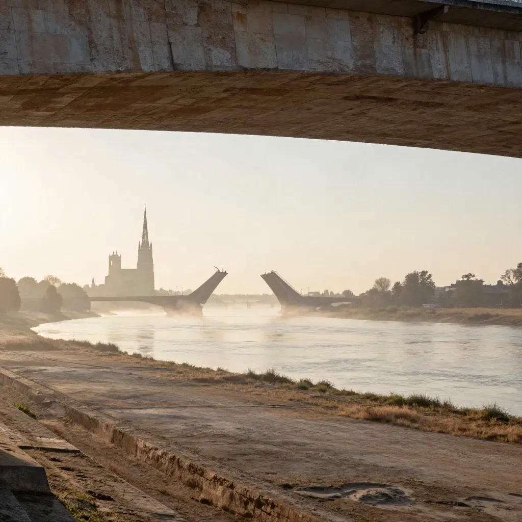 Plainne du Grand Est avec silhouette de cathédrale et pont dans la brume