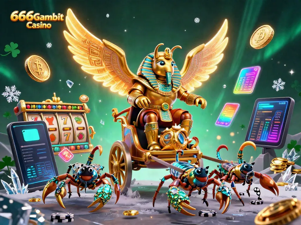 Jouez à 666Gambit Casino avec le scarabée colossal et des symboles de machine à sous en arrière-plan.